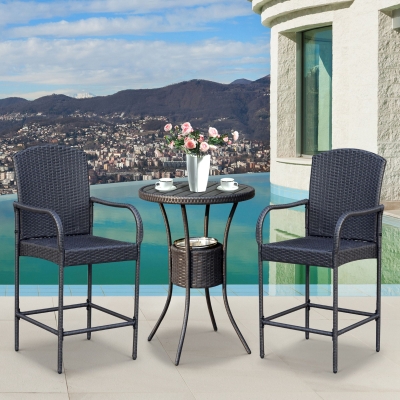 Outsunny 3pcs Garden Rattan Bistro Table and High Chairs Outdoor Conversation Bar Set w/ Ice Bucket Wicker Chat Set Brown
