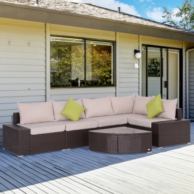 Outsunny 6pcs Outdoor Patio Furniture Set All Weather Wicker Rattan Conversation Coffee Table Sofa Chair