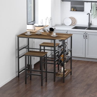HOMCOM 3 Pieces Bar Bistro Set with Metal Frame Wine Rack and Cup Holder Home Pub