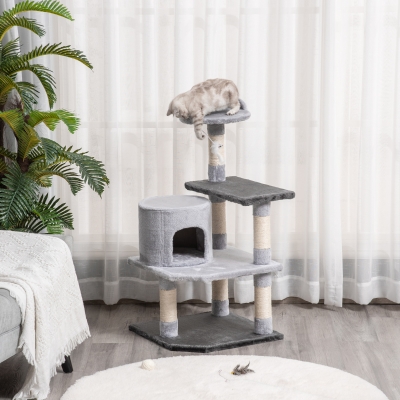 PawHut 39" Cat Scratching Tree Kitten Condo Playhouse Kitty Activity Center Rest Post Top Perch with Hanging Toy Grey