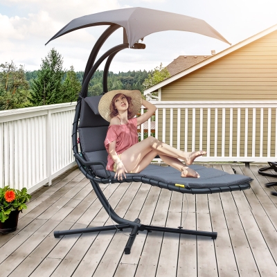 Outsunny Floating Chaise Lounge Outdoor Porch Swing Chair Hanging Hammock Reclining Seat with Arc Stand and Canopy, Charcoal Grey