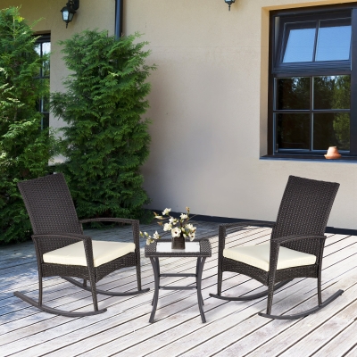 Outsunny 3pcs Rocking Chair Table Set Outdoor Wicker Furniture 2 Chair 1 Coffee Table Backyard