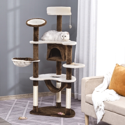 PawHut 60" Cat Scratching Tree Cat Bed Condo Post House Pet Furniture Toys-Brown & Tan