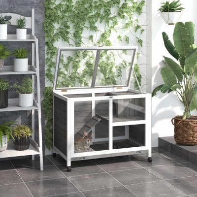 PawHut Solid Wood Rabbit Hutch Bunny Cage Pet Guinea pig House Indoor Water-Resistant Small Animals Habitat Home W/ Ramp Pull Out Tray 360° swivel wheels,Grey