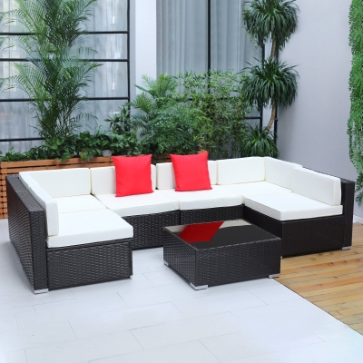 Outsunny 7 Pieces Garden Wicker Sectional Sofa Set Patio Outdoor Furniture All Weather with Cushion