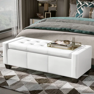 HOMCOM 50.5" Faux Leather Tufted Storage Ottoman, White