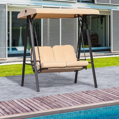 Outsunny 2 Seater Covered Outdoor Swing Chair Hammock Bench with Cushion Tilt Canopy Beige