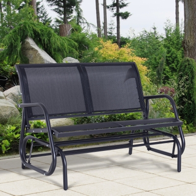 Outsunny Patio Double Glider Bench Swing Chair Rocker Heavy-Duty Loveseat Outdoor Garden Rocking Bench Steel Frame Sling Fabric Seat Black