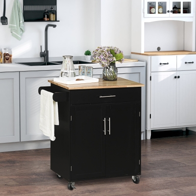 HOMCOM Wooden Kitchen Large Storage Island on 360° Swivel Wheels Cart with Drawer, Interior Cabinet & Towel Rack, Black