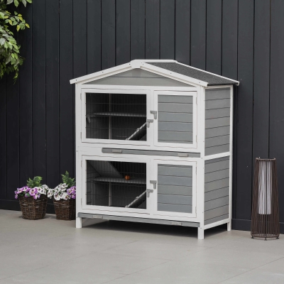 PawHut 47" 2-Floor Large Rabbit Hutch Wooden Pet House Multi-door Bunny Cage Small Animal Habitat with 3 Ramps Lockable Doors Run Area Asphalt Roof for Outdoor Use