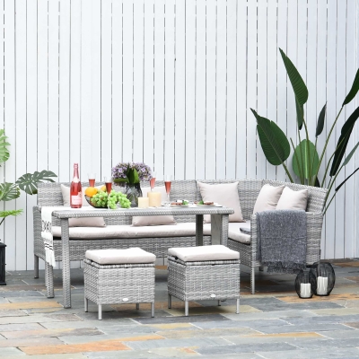 Outsunny 5-Piece Patio PE Rattan Dining Set, Modern Outdoor Wicker Conversation Furniture Sets w/ Wood Grain Plastic Table Top & Padded Cushions, Beige