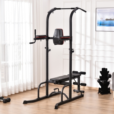 Soozier Multi-Function Training Stand Power Tower Station Gym Workout Equipment WIth Sit Up Bench, Pull Up Bar, Black
