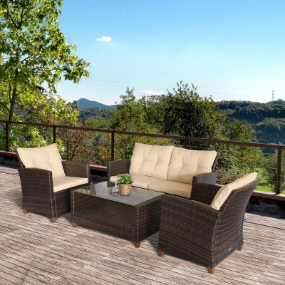 Outsunny 4 PCS Outdoor Patio Furniture Wicker Chair Set Coffee Table w/ Cushions Beige