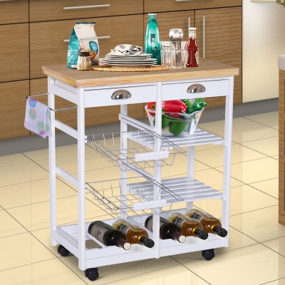 HOMCOM Rolling Kitchen Island Trolley Serving Cart Wheeled Storage Cabinet w/ Basket Shelves and Drawers White