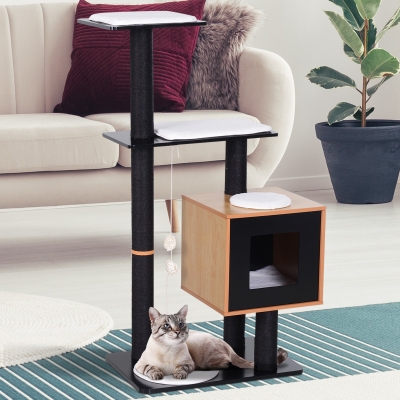 PawHut Cat Tree with Condo Sisal Scratching Post and Washable Mat Black