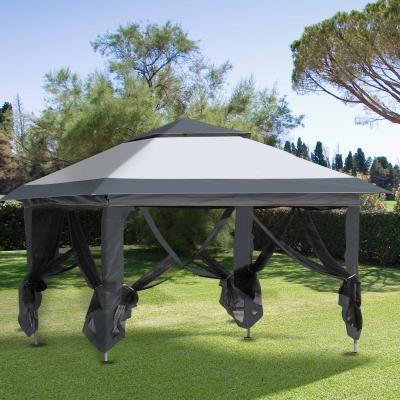 Outsunny 12' x 12' Heavy Duty Pop Up Canopy with Center Lift Hook Design, Mesh Sidewall Netting, 3-Level Adjustable Height and Storage Bag, Grey