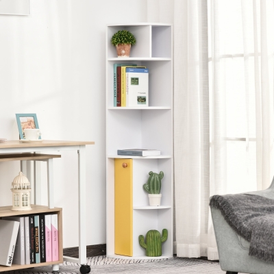 HOMCOM 5-Tier Corner Bookcase Bookshelf w/ Storage Compartments, Cupboard with Door, Floor Standing Cabinet Organizer for Home, Office, Narrow Places, White