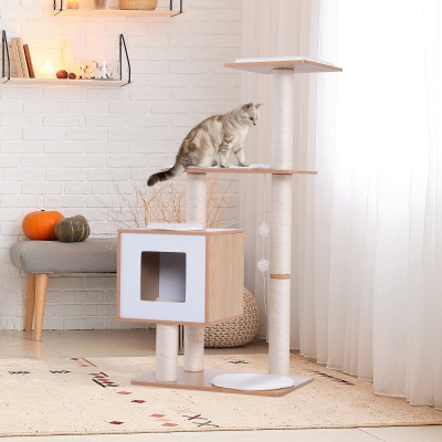 PawHut 47" Premium Wood Cat Tree Kitty Scratching Post Kitten House Condo Activity Center w/ Cushions Pet Furniture