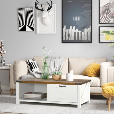HOMCOM Industrial Coffee Table Side End Table with Drawer, Open Storage Shelf, Modern Farmhouse Furniture, for Living Room, Dining Room, Office, Brown