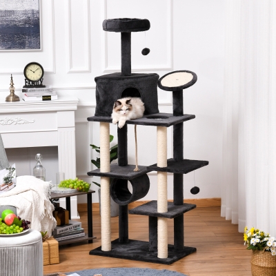 PawHut Cat tree Tower Climbing Kitten Activity Center Furniture with Jute Scratching Post Pad Condo Perch Hanging Balls Tunnel Teasing Rope 25.5" x 17.75" x 67.75" Dark Grey