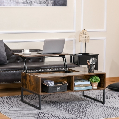 HOMCOM Foldable Wood Lift Top Coffee Table Convertible Furniture with 2 Storage Drawer Tray