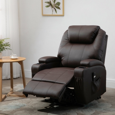 HOMCOM Electric Power Lift Recliner Chair Padded PU Sofa for Elderly with Remote Control, Cup Holders, Reinforced Heavy Duty Reclining Mechanism for Living Room, Brown