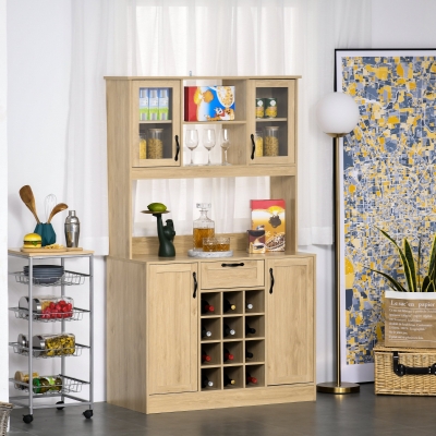 HOMCOM Large Traditional Kitchen Buffet and Hutch Cupboard Living Room Storage Cabinet with Utility Drawer, Four Door Cabinets , Optional 12-Bottle Wine Storage,Adjustable Shelves