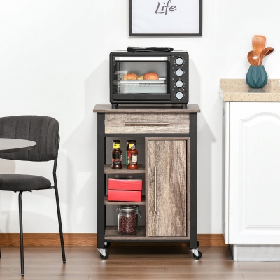 HOMCOM Kitchen Trolley Utility Cart on Wheels with Storage Shelves & Drawer for Dining Room, Dark Oak