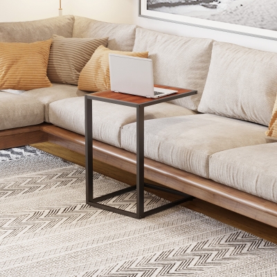 HOMCOM Wooden Sofa Snack Table Laptop Holder Bed Side Desk with Metal Base, Walnut