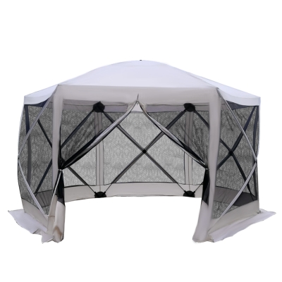 Outsunny 11.5' x 11.5' Hexagonal Pop Up Portable Gazebo Canopy Tent with Mesh Netting Sidewalls - Beige and Black