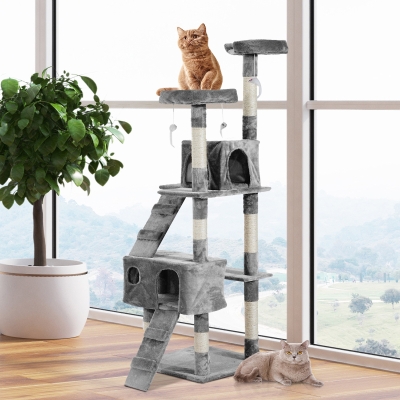 PawHut 67-inch Multi-Level Cat Scratching Tree Kitty Activity Center Post Tower Condo Pet Furniture w/ Toy Grey