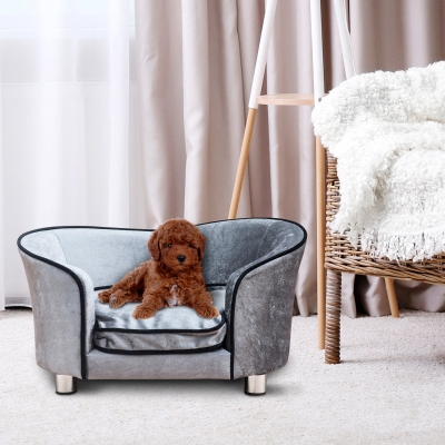 PawHut Pet Sofa Bed Dog Cat Cozy Puppy House Couch Furniture with Removable Cushion, Light Grey