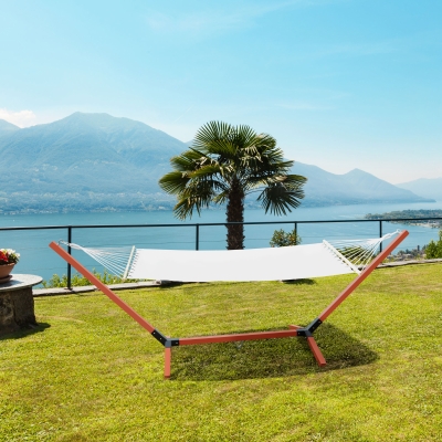 Outsunny 130" x 47" Hammock with Stand Camping Bed Freestanding Lounge Chair with Wooden Frame Cotton Fabric for Outdoor Indoor, White, Teak