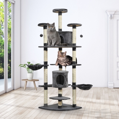 PawHut Luxury 79Inch Scratching Cat Tree Kitty Condo Multi Level Activity Center with Toys Dark Grey