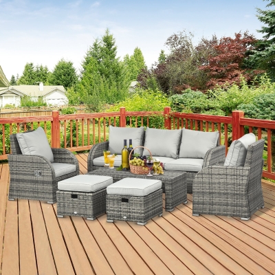 Outsunny 6pc Wicker Sectional Set Cushioned Outdoor Rattan 3-Seat Sofa, 2 Adjustable Recliners, 2 Footstools & Table Set Patio Furniture Light Grey