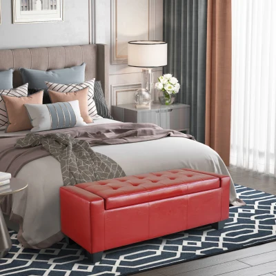 HOMCOM 50.5" Red Faux Leather Tufted Storage Ottoman