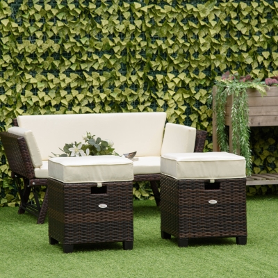 Outsunny 2 PCS Patio Wicker Ottoman Set, Two Square Outdoor PE Rattan Footrest with Removable Cushion, Freely Combined Furniture w/ Handle for Backyard, Garden, Poolside, Living Room, Beige