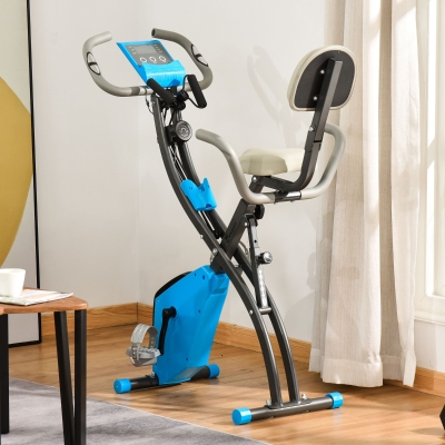 Soozier 2 in 1 Upright Exercise Bike Stationary Foldable Magnetic Recumbent Cycling with Arm Resistance Bands Blue