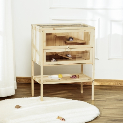 PawHut Fir Wood Hamster Cage Mouse Rats Small Animals Exercise Play House with 3 Tiers