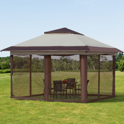 Outsunny 12' x 12' Heavy Duty Pop Up Canopy with Center Lift Hook Design, Mesh Sidewall Netting, 3-Level Adjustable Height and Storage Bag, Beige