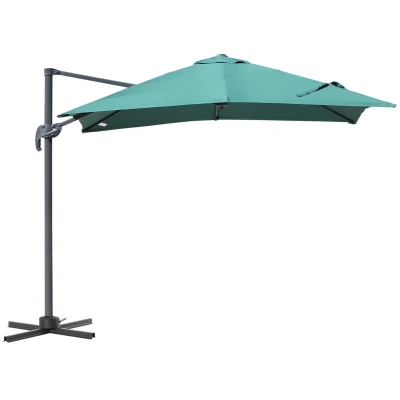 Outsunny 8' x 8' Square Patio Hanging Offset Umbrella Aluminum Outdoor Cantilever Crank Market Parasol Garden Sun Canopy Shelter 360° Rotation w/Cross Base Green