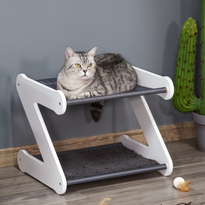 PawHut Two Tier Cat Bed for Indoor Pet Furniture with Padded and Plush Mat Grey