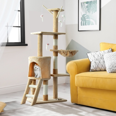 PawHut 52" Multi-Level Cat Tree Kitten Playhouse Kitty Activity Center Scratching Post Rest Condo with Hammock Beige