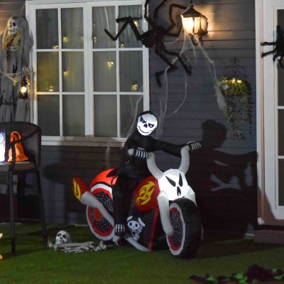 HOMCOM 6' Long Halloween Grim Reaper Flaming Motorcycle Outdoor LED Lighted Airblown Inflatable Decoration Holiday Seaon Garden Lawn Decor