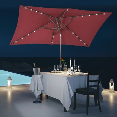 Outsunny 6.5x10ft Rectangle Solar Powered Tilt Patio Umbrella Aluminum Outdoor Market Parasol with LEDs Crank Wine Red