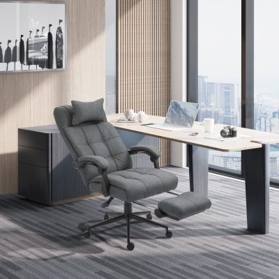 Vinsetto Office Chair Fabric High Back Swivel Task Chair with Footrest, Headrest and Padded Armrest, Deep Grey