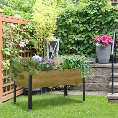 Outsunny Raised Garden Bed Mobile Elevated Wood Planter Box w/ Metal Legs, Lockable Wheels and Non-woven Fabric for Vegetable Flower Herb