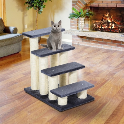 PawHut Cat Trees 4 Tier Pet Stairs Dog Cat 4 Steps Kitty Scatching Post Cat Scratch Furniture Dark Grey