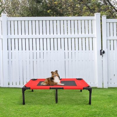 PawHut 31" x 27" Metal Frame Elevated Pet Bed Cot Dog Cat Camping Sleeper, Red and Black