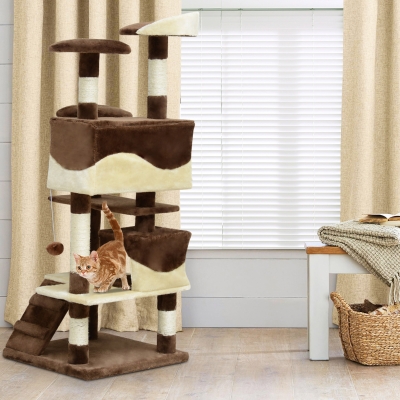 PawHut 52" Cat Scratching Tree Large Kitten Play House Multi-Level Activity Center Pet Furniture